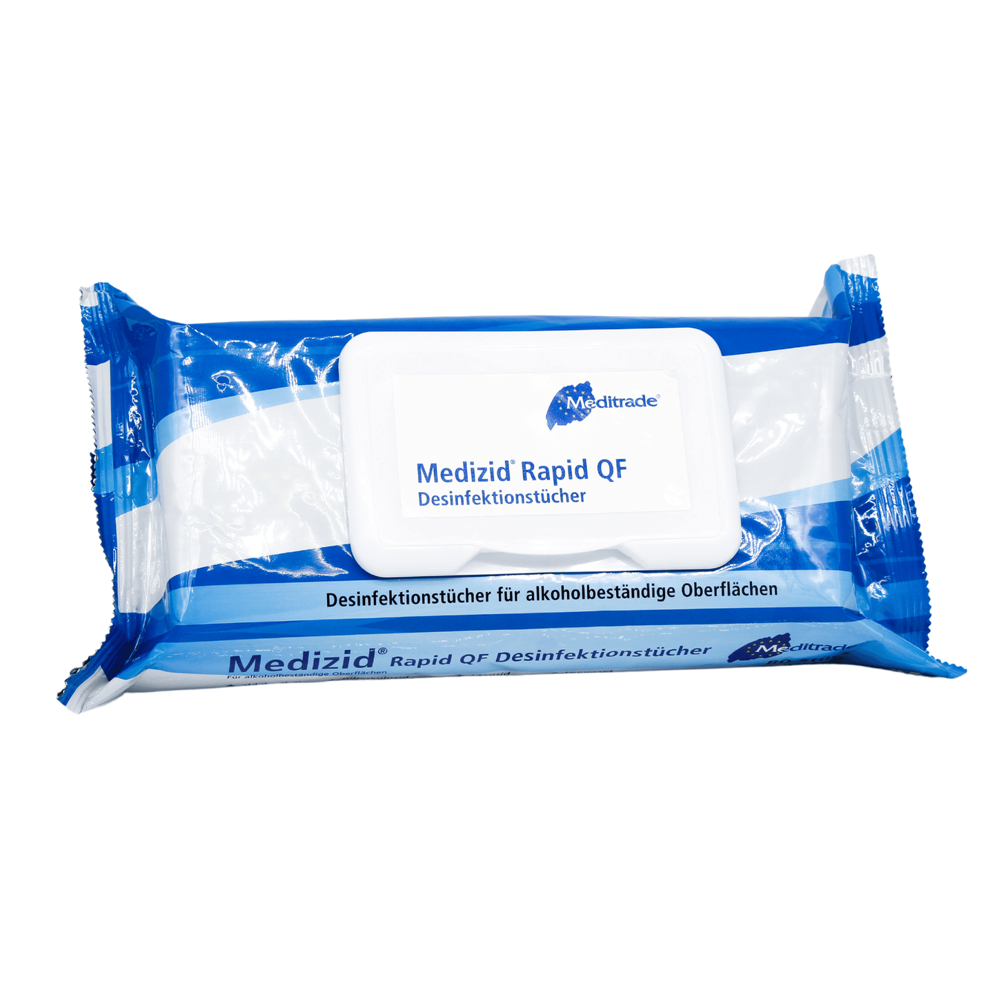Um pano de desinfecção Meditrade Medizid® Rapid QF Flowpack embalado para superfícies resistentes ao álcool, exibido sobre um fundo branco. A embalagem é azul e branca com texto em alemão.