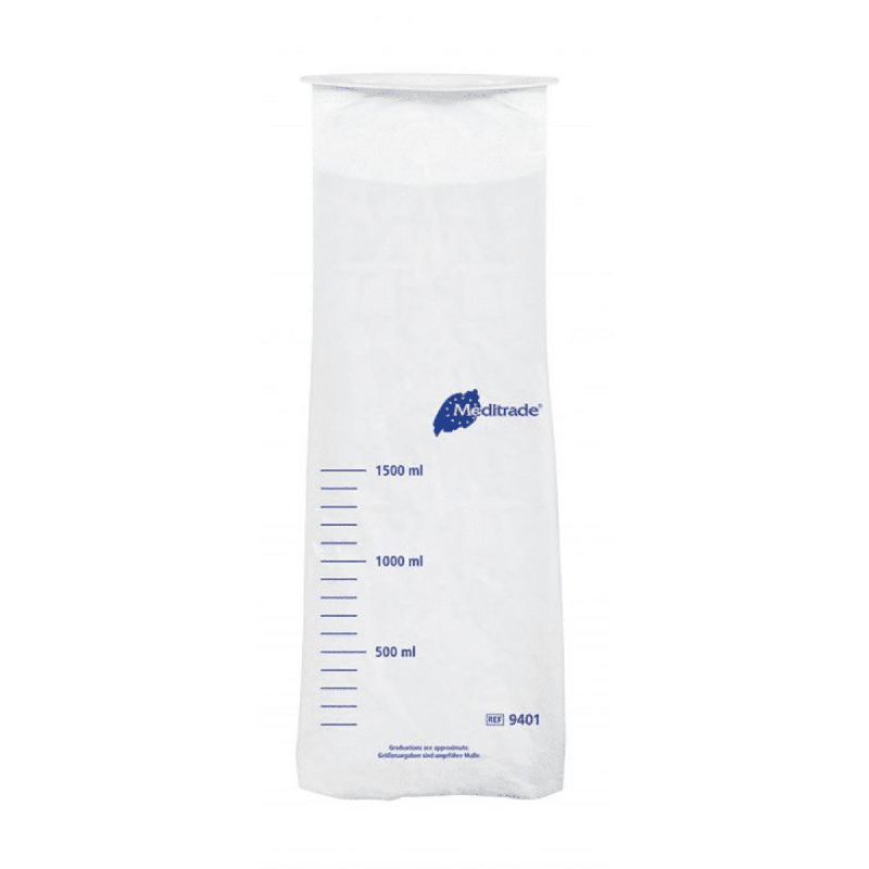 Um recipiente transparente e graduado de plástico feito de polietileno com marcações de medição azuis e logotipo azul "Meditrade GmbH", mostrando capacidades de volume de 500 ml a 1500 ml.