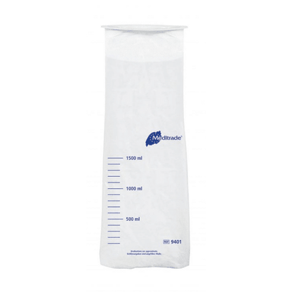 Um recipiente transparente e graduado de plástico feito de polietileno com marcações de medição azuis e logotipo azul "Meditrade GmbH", mostrando capacidades de volume de 500 ml a 1500 ml.