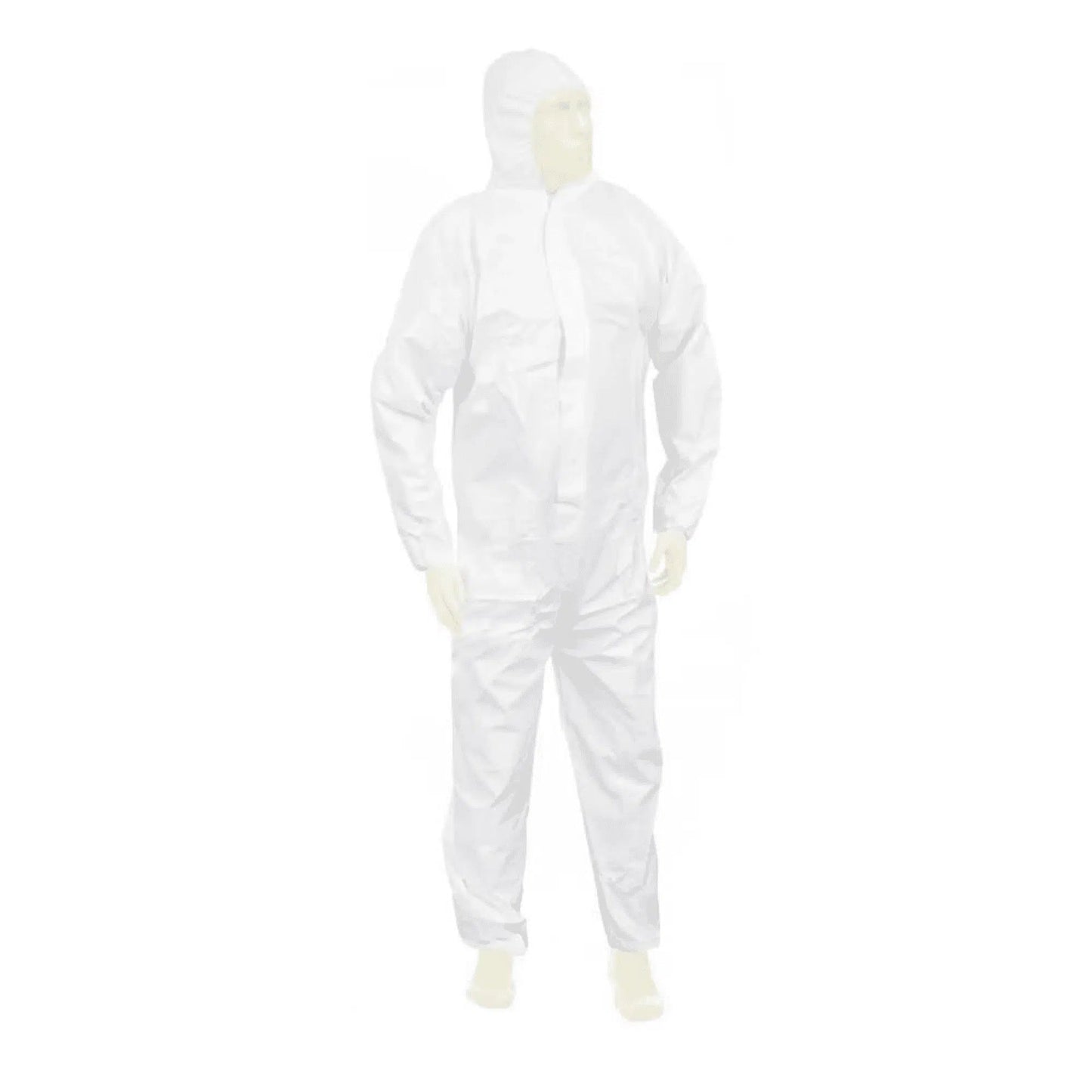 Uma pessoa veste um fato de proteção branco Meditrade Suavel® Yeti com capuz, que cobre completamente o corpo, e está em frente a um fundo branco. O fato parece leve e projetado para segurança.
