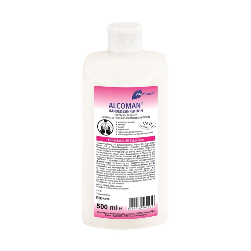 Um frasco de plástico branco de 500 ml de desinfetante para as mãos Meditrade Alcoman® da Meditrade GmbH com um rótulo rosa e branco, no qual estão indicadas informações sobre o produto, instruções de uso, volume de 500 ml e ação virucida contra MRSA.