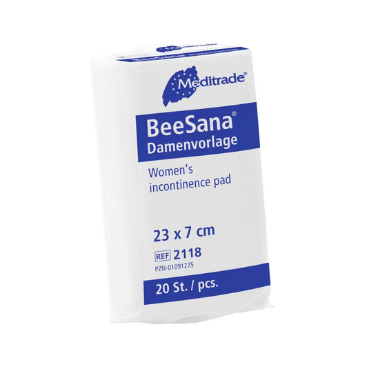 Produto descontinuado: Meditrade BeeSana® absorvente feminino da Meditrade GmbH, embalagem com 20 unidades (23 x 7 cm), absorventes higiênicos com texto em alemão/inglês sobre fundo branco-azul. REF 2118.