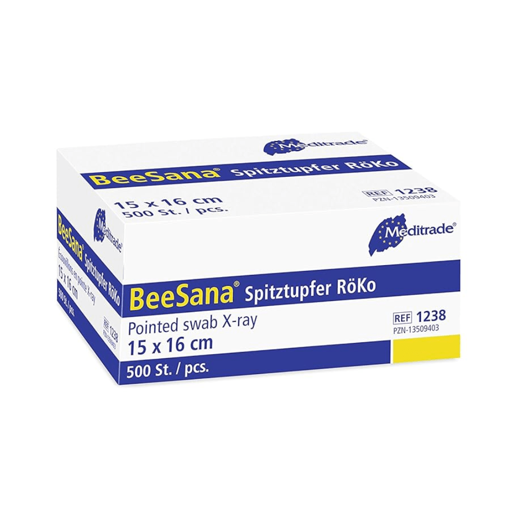 Uma caixa de tampões pontiagudos Meditrade BeeSana®, tamanho 15 x 16 cm, contém 500 unidades. A caixa é branca com borda azul e um texto com informações do produto.