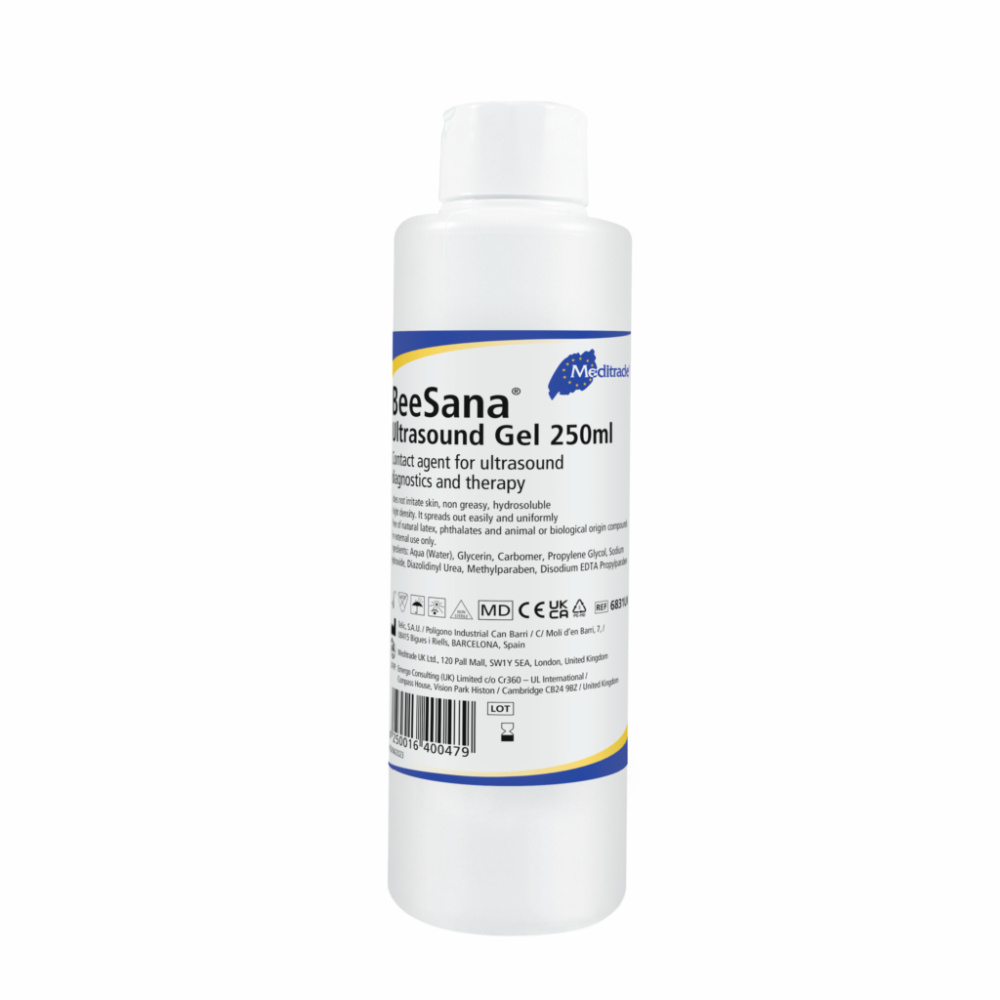 Uma garrafa de Meditrade BeeSana® Gel de ultrassom, 250 ml, identificado como lubrificante para procedimentos de ultrassom. A etiqueta contém detalhes do produto e símbolos para conformidade com regulamentações legais.