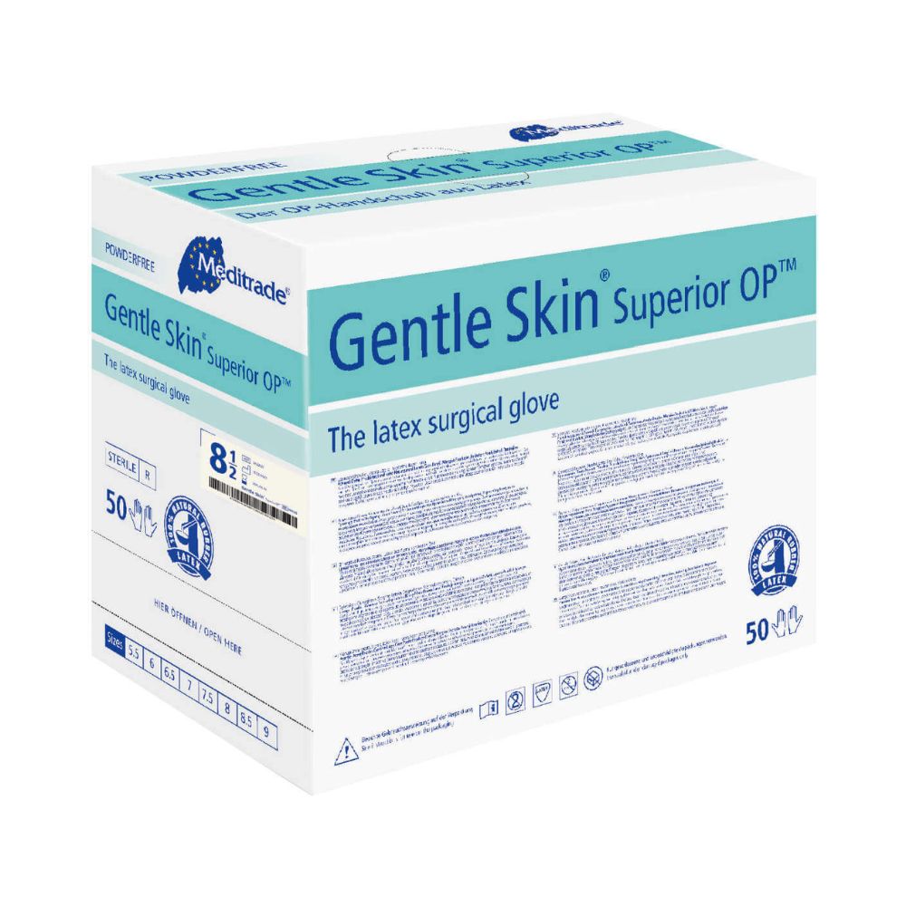 Uma caixa de luvas cirúrgicas de látex Meditrade Gentle Skin® Superior OP™, tamanho 8,5, contém 50 pares. A embalagem é predominantemente branca e azul com informações detalhadas sobre o produto. Esta luva cirúrgica de látex é da marca Meditrade GmbH.