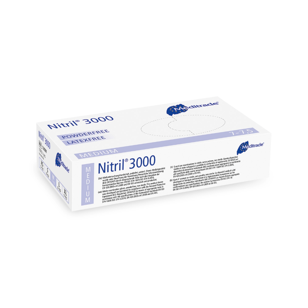 Uma caixa de luvas de nitrilo Meditrade Nitril® 3000 de tamanho médio, sem pó e sem látex. A embalagem é predominantemente branca e azul com texto e logotipos.