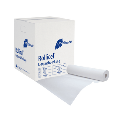 Uma caixa branca com papel médico Meditrade Rollicel® / rolo, 39 - 59 cm x 50 m, 2 camadas da marca Meditrade GmbH, ilustrada com uma folha desenrolada saindo da caixa. Os detalhes da caixa incluem tamanho e quantidade do produto. Este produto também é conhecido como