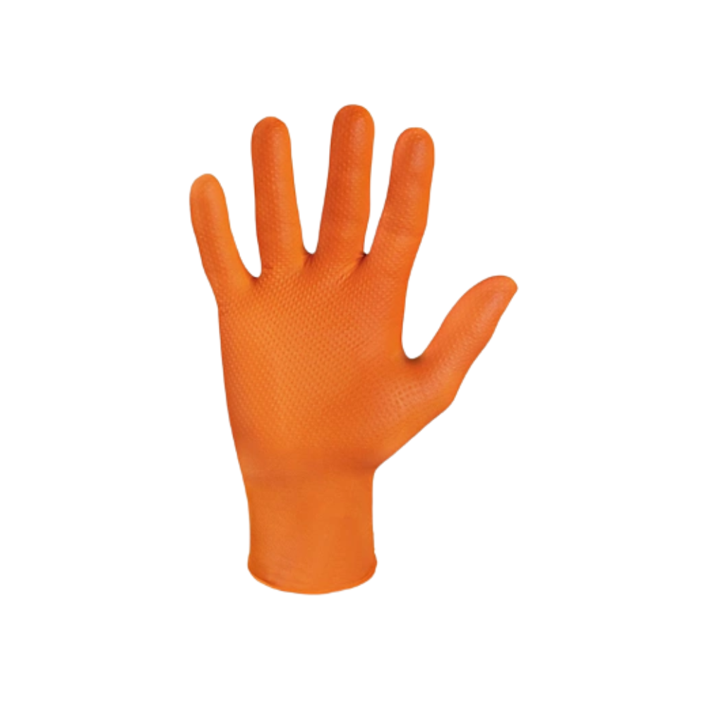 Uma luva descartável Meditrade StellarGrip de cor laranja, feita de nitrilo, isolada em um fundo branco, apresentada com os dedos abertos.