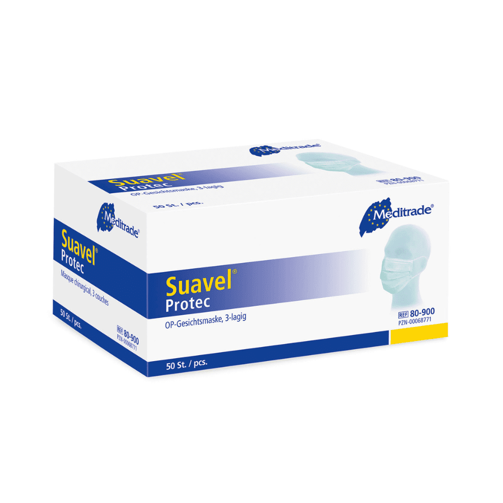 Uma caixa retangular de Meditrade Suavel® Protec OP-Maske 50 unidades. A caixa é principalmente branca com detalhes em azul e mostra uma imagem de uma pessoa usando uma máscara. Contém 50 máscaras cirúrgicas (3 camadas) com alta eficiência de filtração bacteriana e está equipada com vários textos e logotipos da Meditrade GmbH.