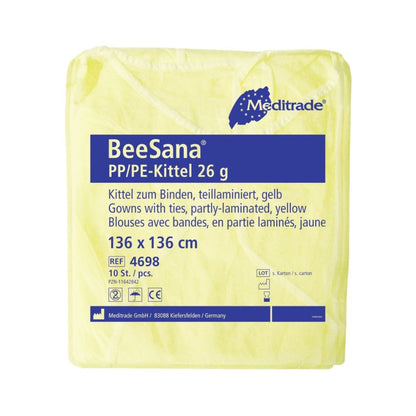 Um pacote de aventais Meditrade BeeSana® PP/PE XL, 26 g da Meditrade GmbH, tamanho 136 x 136 cm, contém 10 aventais de proteção amarelos à prova d'água com fita de amarrar. Informações do fabricante e do produto estão listadas na embalagem.