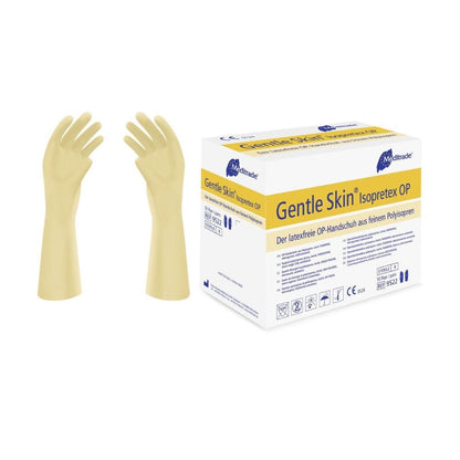 Duas luvas cirúrgicas Meditrade Gentle Skin® Isopretex® esterilizadas e sem pó são exibidas ao lado de uma caixa. A caixa está rotulada em inglês e alemão e destaca as características estéreis e sem pó das luvas. Símbolos destacam a composição sem látex e o cumprimento das normas de segurança.