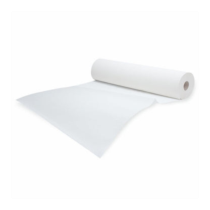 Um rolo de Meditrade Rollicel® Cobertura de Maca com sua superfície impecavelmente branca e núcleo oco está parcialmente desenrolado sobre um fundo branco, mostrando a suavidade deste produto de 50 cm x 50 m da Meditrade GmbH.