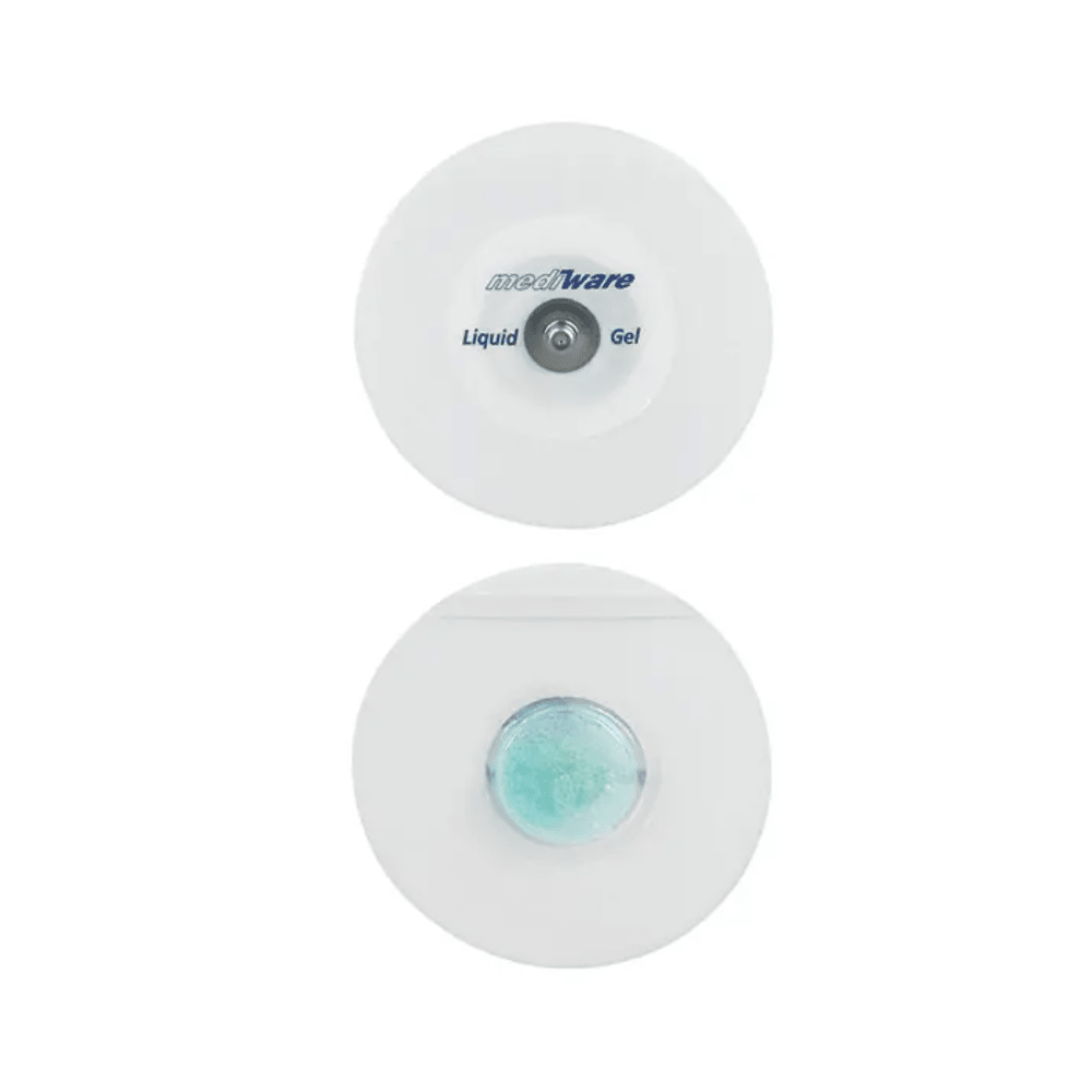 A imagem mostra dois eletrodos de espuma redondos. O eletrodo superior tem a inscrição "Servoprax GmbH", o que indica a tecnologia de gel líquido. O eletrodo inferior apresenta um centro de gel azul-esverdeado visível. Ambos são fabricados para uso médico e equipados com uma conexão de botão de pressão para fácil aplicação.