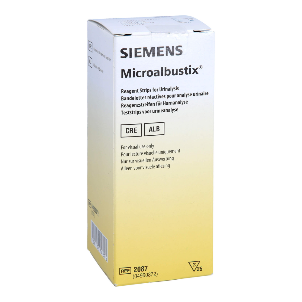 A caixa de tiras de teste de urina Servoprax Microalbustix branco-amarela (25 peças) está marcada com texto multilíngue, destaca os testes de CRE e ALB para triagem de microalbuminúria e é avaliada visualmente para análise de urina.