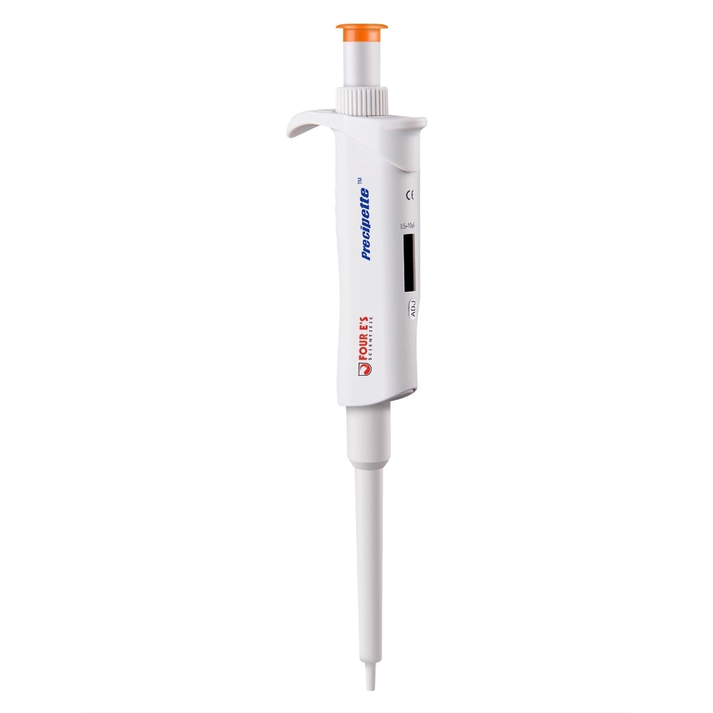 A micropipeta Altruan 0,5-10 µl / 2-20 µl é uma pipeta monocanal ajustável com corpo branco, botão de ejeção de pontas laranja, visor digital de volume, para medições laboratoriais precisas; Peso: 160 g.