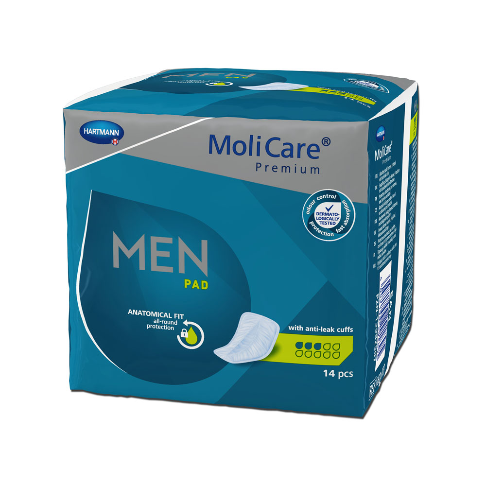 Uma caixa de almofadas Hartmann MoliCare® Premium MEN PAD - 14 unidades, com ajuste anatômico e barreiras à prova de vazamento. A embalagem é predominantemente azul e contém informações e imagens do produto.