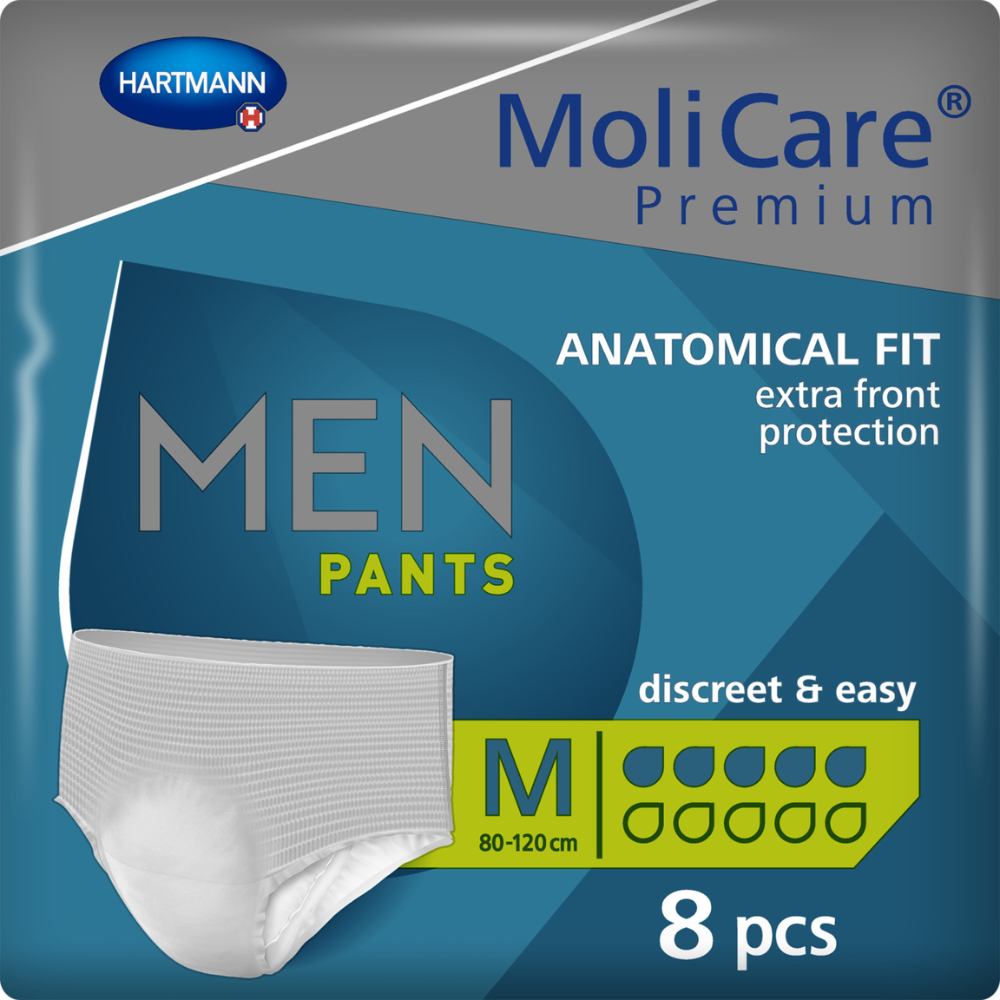 Embalagem das MoliCare Premium MEN PANTS 5 Gotas, tamanho Medium, da Paul Hartmann AG, mostra uma embalagem com 8 cuecas descartáveis brancas com elementos de design azuis e amarelos. Os destaques são características como ajuste anatómico e proteção adicional na frente em caso de ligeira fraqueza da bexiga.