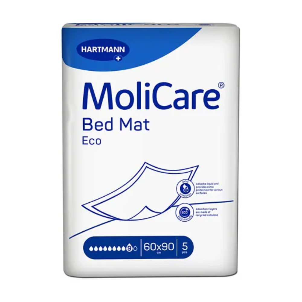 Embalagem do produto MoliCare® Bed Mat ECO proteções de cama da Paul Hartmann AG, em design branco-azul com símbolos de respeito ao meio ambiente e capacidade de absorção. A embalagem tem uma indicação de tamanho de 60x.