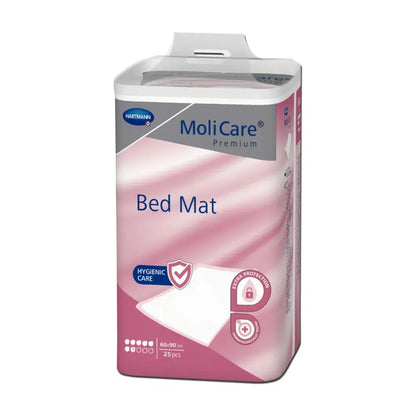 Um pacote de MoliCare® Premium Bed Mat Protetor de cama 7 gotas com 25 unidades, apresentado em um design rosa-branco que enfatiza proteção e higiene, da Paul Hartmann AG.