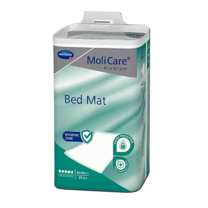 Um pacote de MoliCare® Premium Bed Mat Protetor de colchão 5 gotas da Paul Hartmann AG, que representa cuidado higiênico e proteção de colchão e contém 25 unidades. A embalagem é predominantemente verde e branca e possui uma alça na parte superior.