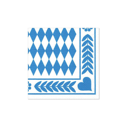 Os PAPSTAR 250 guardanapos, 3 camadas 1/4-dobra da PAPSTAR GmbH apresentam um padrão de losangos azul e branco com bordas de folhas, pontos e um coração no canto - guardanapos ecológicos ideais para a gastronomia.