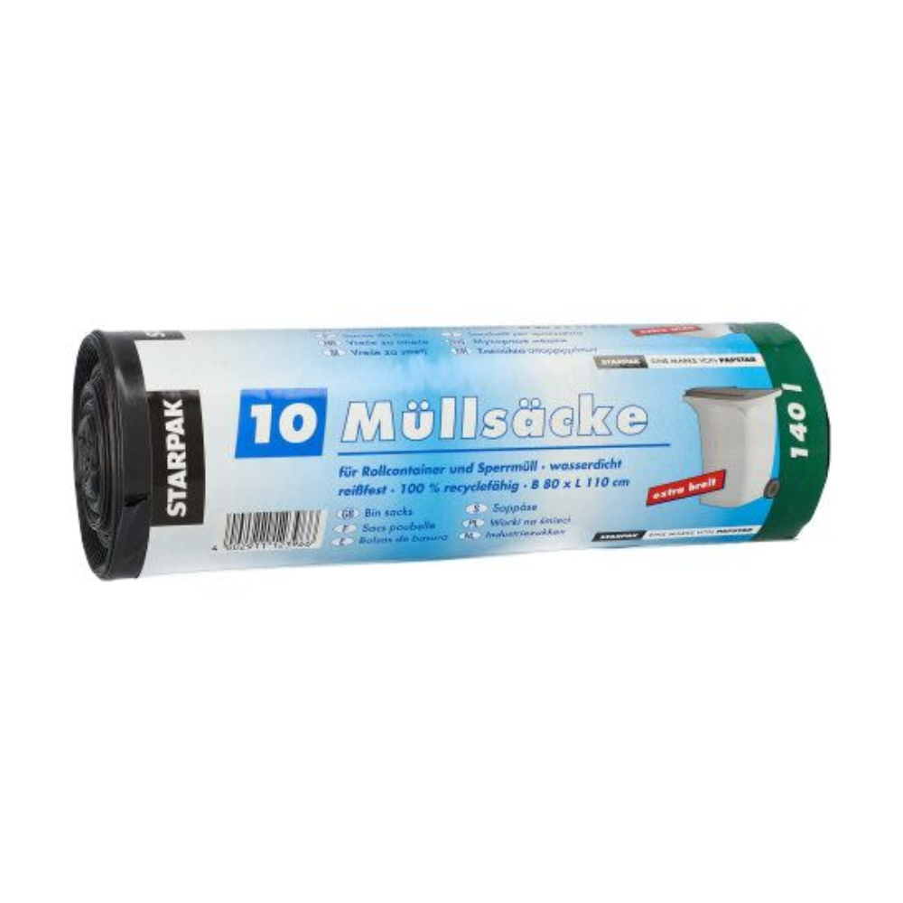 Um rolo de sacos de lixo Starpak 10, sacos de lixo LDPE pretos 140L (80 x 110 cm) com texto em alemão no rótulo azul, verde e branco; cada rolo contém 10 sacos.