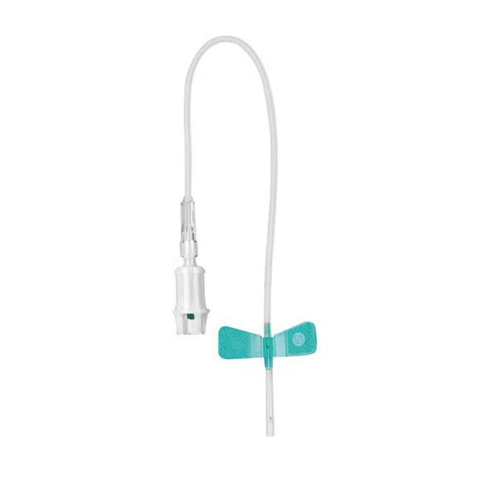A agulha Sarstedt Safety-Multifly® da Servoprax GmbH é uma agulha médica tipo borboleta para acesso intravenoso e colheita de sangue. Ela possui um tubo curto transparente com alças de asas azul-esverdeadas e está conectada no final do tubo de 200 mm de comprimento a um conector de plástico branco para maior segurança.
