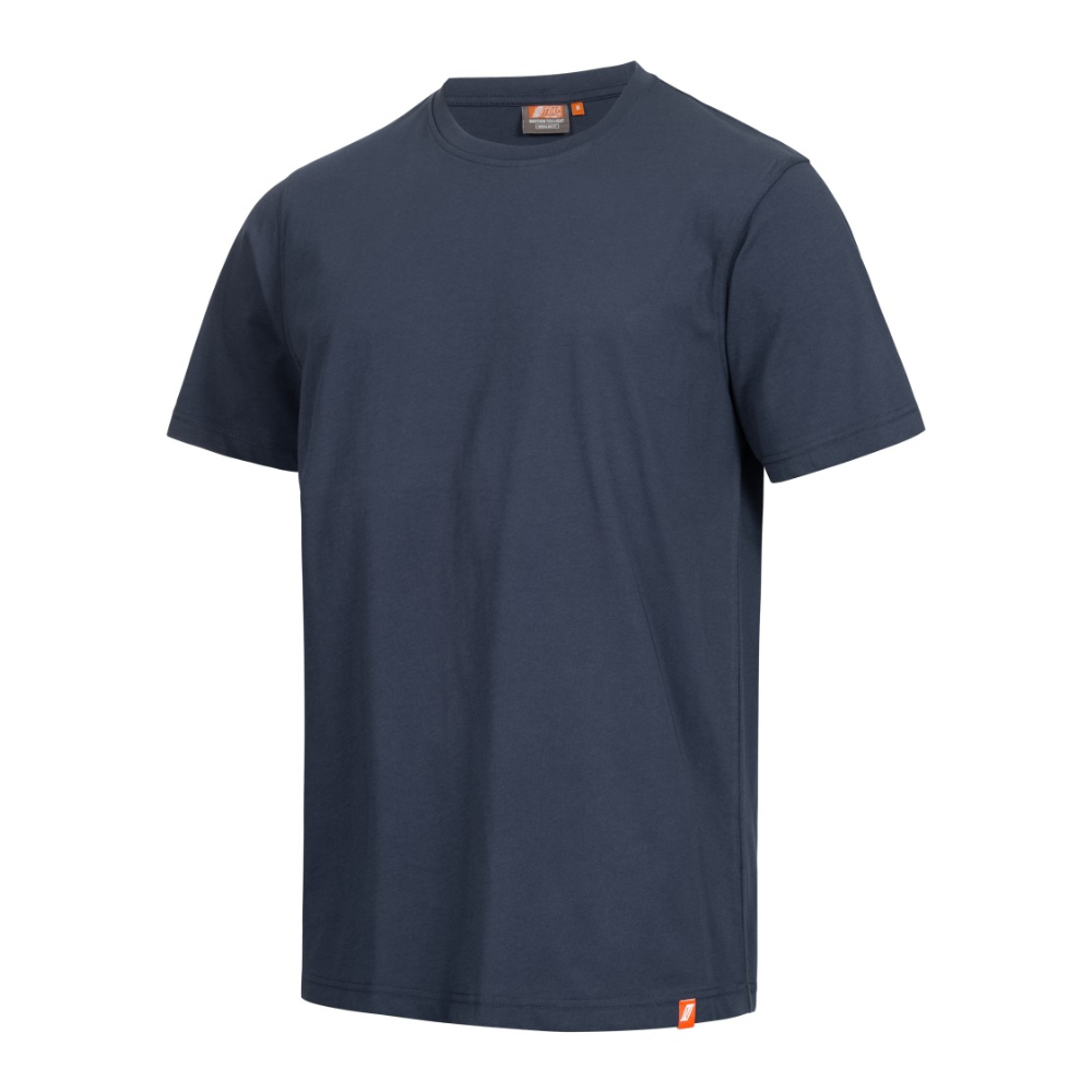 A t-shirt NITRAS MOTION TEX LIGHT da AS Arbeitsschutz GmbH é uma peça simples de manga curta azul-marinho feita de algodão macio com decote redondo. É certificada OEKO-TEX e possui uma pequena etiqueta laranja na bainha inferior esquerda para estilo e conforto adicionais. O produto é exibido sobre um fundo branco.