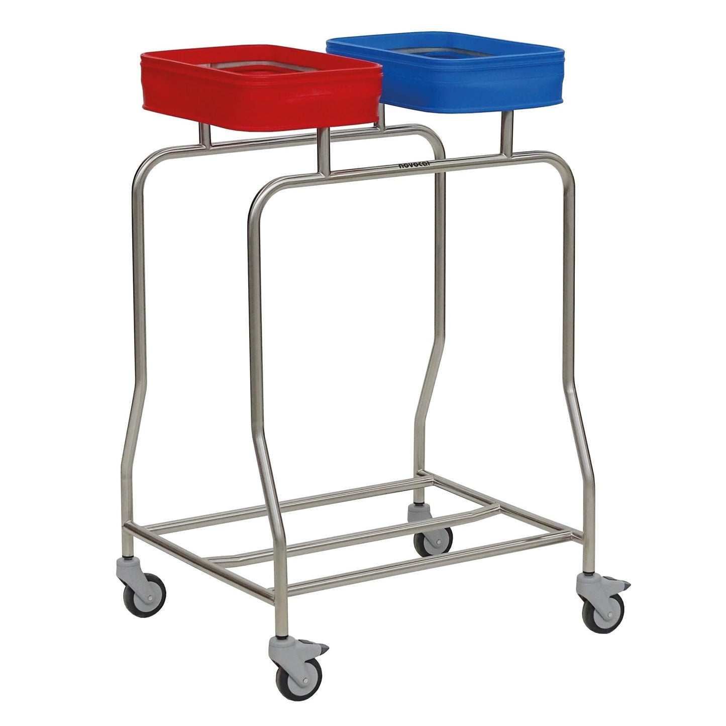 O Novocal Coletor de Roupa em Aço Inoxidável "Compacto" com Duplo Coletor possui uma estrutura estável em aço inoxidável com quatro rodas e dois quadros quadrados abertos, identificados por cores, na parte superior para fácil separação da roupa.