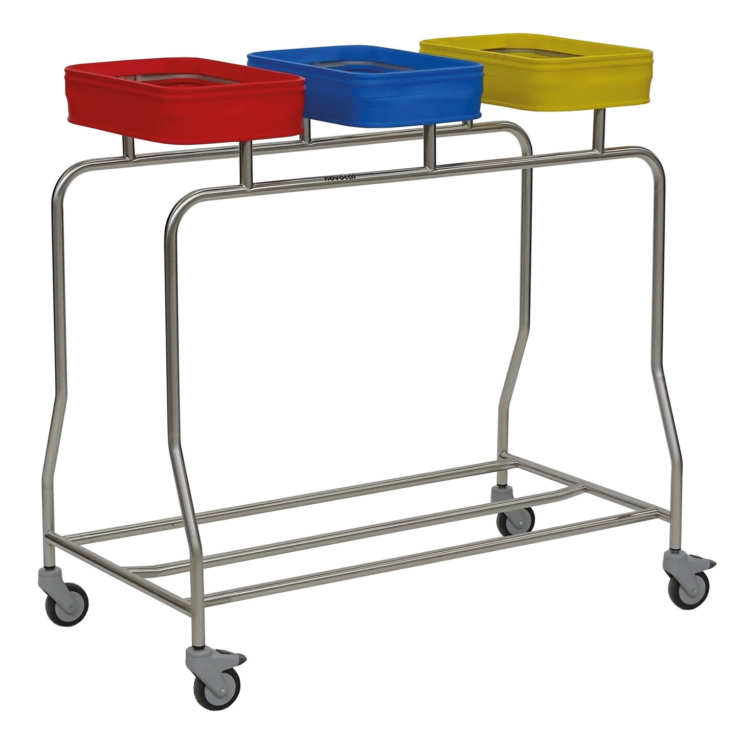 O Novocal Cesto de Roupa Triplo em Aço Inoxidável "Compacto" oferece separação eficiente de roupas graças às três tampas coloridas (vermelho, azul, amarelo). Quatro rodas permitem mobilidade; o design de estrutura aberta economiza espaço e convence com funcionalidade.