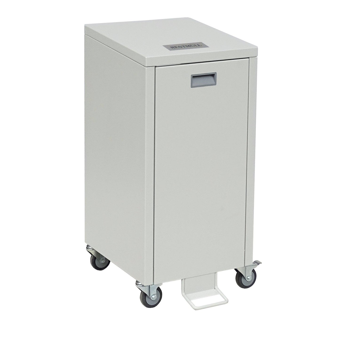 O armário de reciclagem Novocal Série 3000 Simples é um recipiente de aço retangular, cinza claro, com pedal, alça frontal e quatro rodas giratórias. Ele possui uma pequena etiqueta retangular na parte superior.