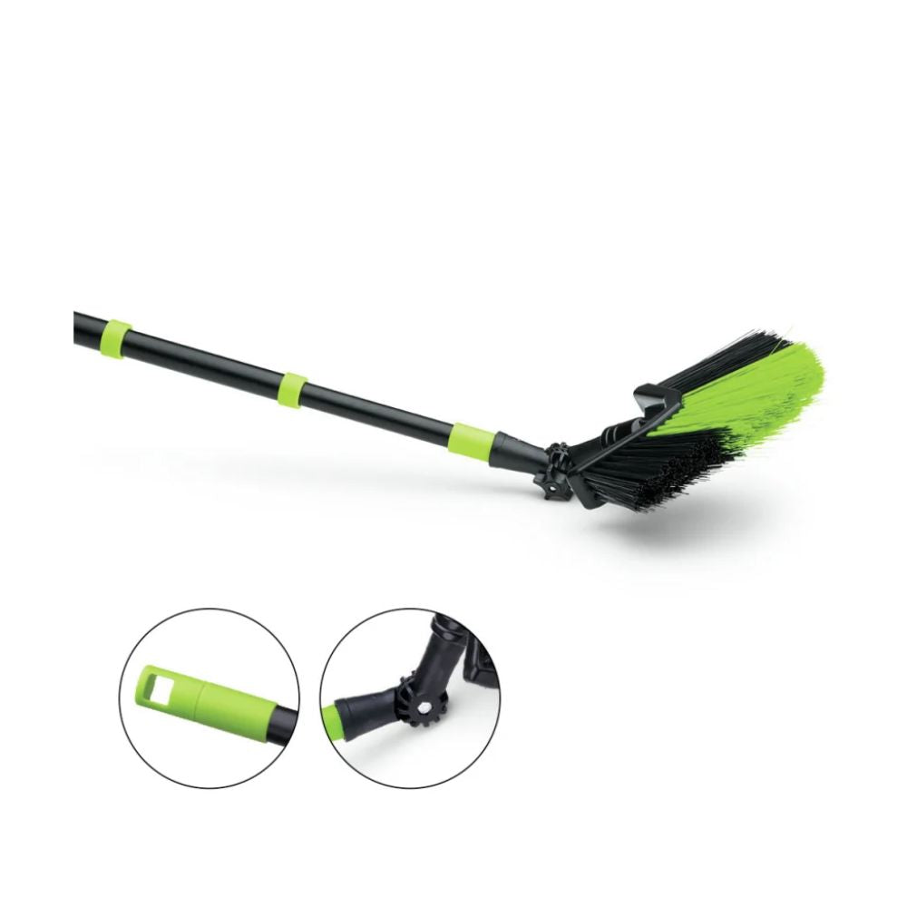 A vassoura triangular Nölle Profi Brush com cabo telescópico de 130-330 cm, sintético (1 peça) da Nölle Profi Brush Bürsten- & Pinseltechnik e.K., possui uma cabeça angulada, uma articulação ajustável e um cabo ergonômico em preto e verde.