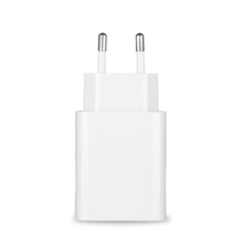 Das Netzteil und die Netzteil-Schutztasche für das Pluslife Mini Dock sind ein eleganter europäischer Steckeradapter in Weiß mit zwei Metallstiften, der sich ideal zum Betreiben elektronischer Geräte eignet. Er wird aufrecht vor einem schlichten weißen Hintergrund präsentiert, was sein elegantes und minimalistisches Design unterstreicht.