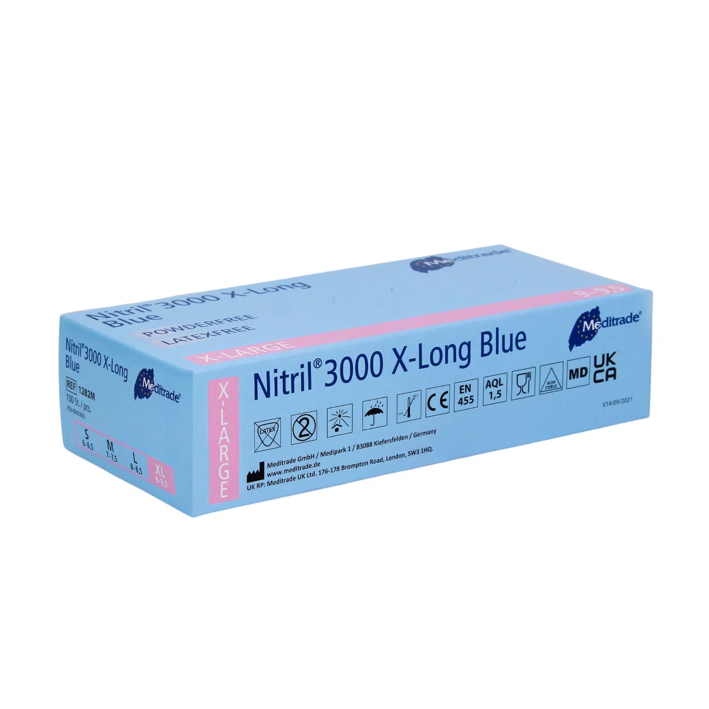 Uma caixa de Meditrade Nitril® 3000 X-Long 100 unid. luvas de nitrilo extralongas, azuis, mostrada sobre um fundo branco. A embalagem é azul com texto branco com informações do produto.