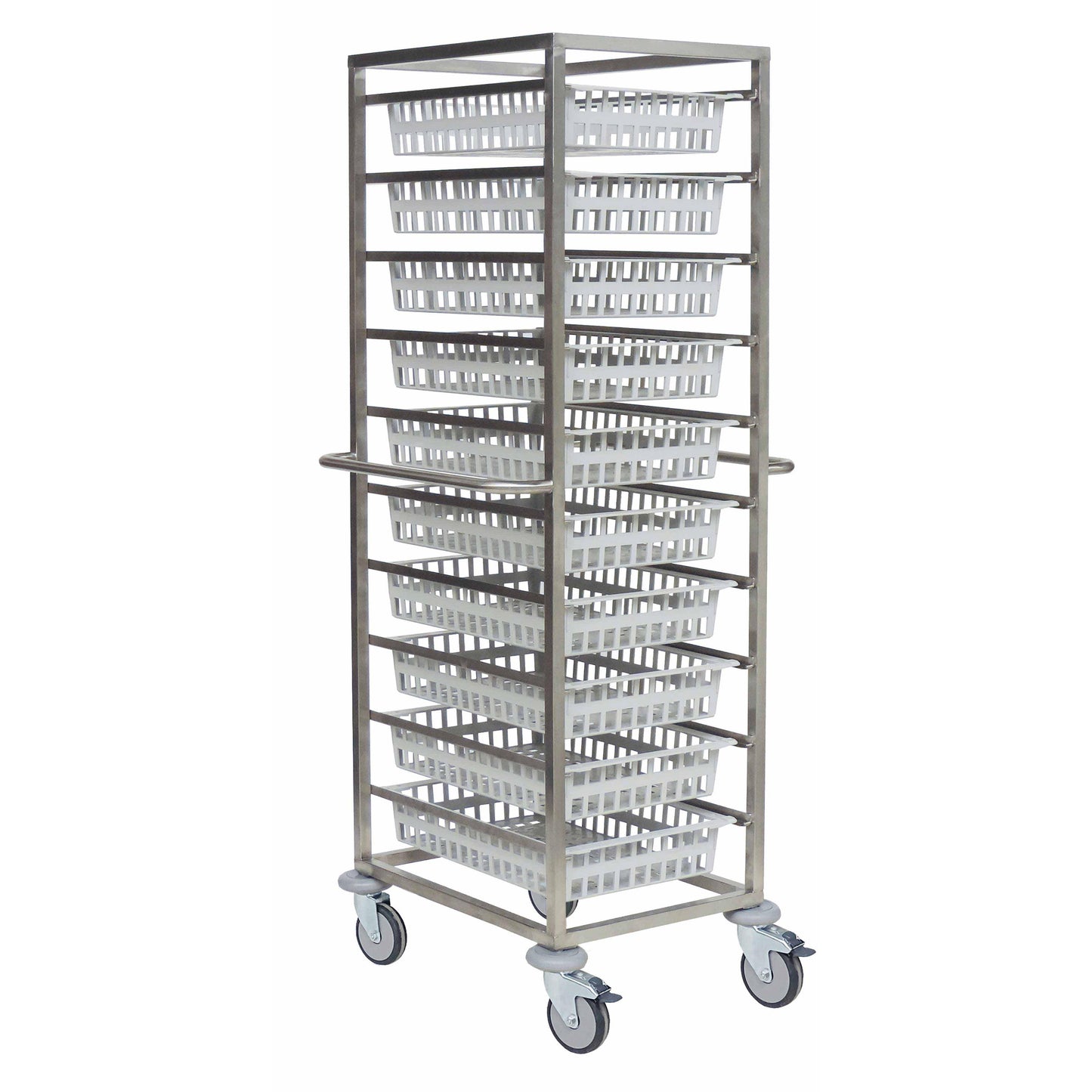 Der Novocal Offener Modulwagen Ausführung 1-reihig aus Edelstahl mit zwei seitlichen Griffen und vier Lenkrollen fasst acht weiße Kunststoffkörbe, die vertikal gestapelt werden. Marke: Novocal. Packungsgröße: 1 Stück.