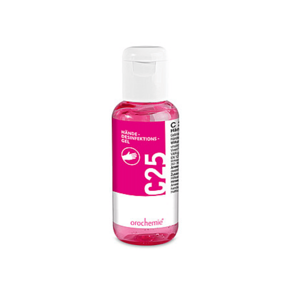 Um pequeno frasco de plástico transparente de 100 ml com tampa branca e a inscrição "Orochemie C 25 Gel Desinfetante para as Mãos" da orochemie GmbH + Co KG contém um gel rosa para desinfecção higiénica das mãos.