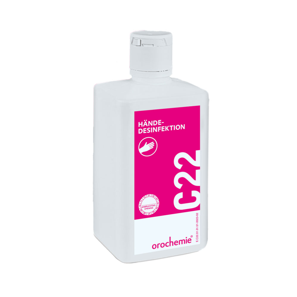 A desinfecção de mãos Orochemie C 22 de 500 ml da orochemie GmbH + Co KG é um desinfetante para mãos alcoólico pronto para uso em uma garrafa branca com rótulo rosa e tampa de rosca, adequado para desinfecção cirúrgica das mãos.