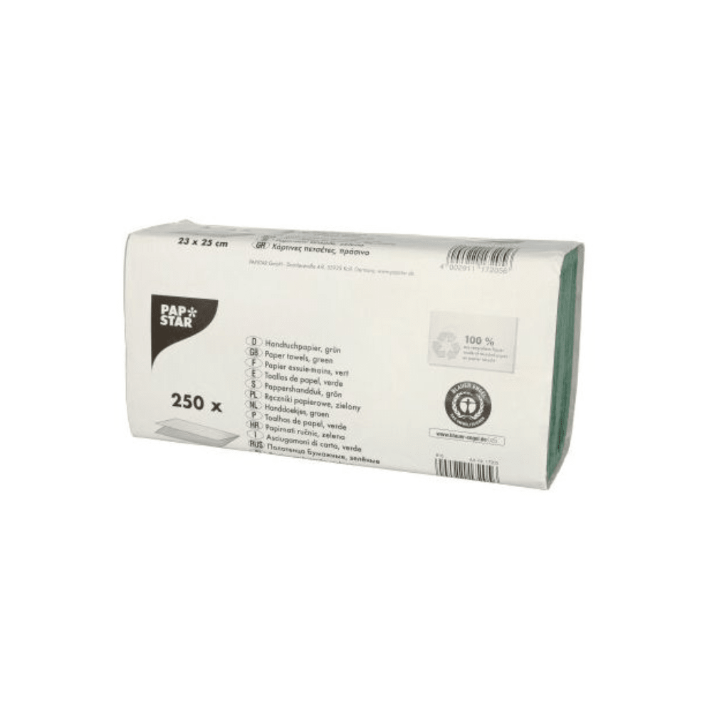 Este conjunto de 250 guardanapos de papel verdes e ecológicos da PAPSTAR GmbH, feitos de papel crepe reciclado, tem as dimensões de 25 x 23 cm. A embalagem apresenta detalhes do produto e o icónico logótipo PAPSTAR, garantindo qualidade e sustentabilidade em cada utilização.