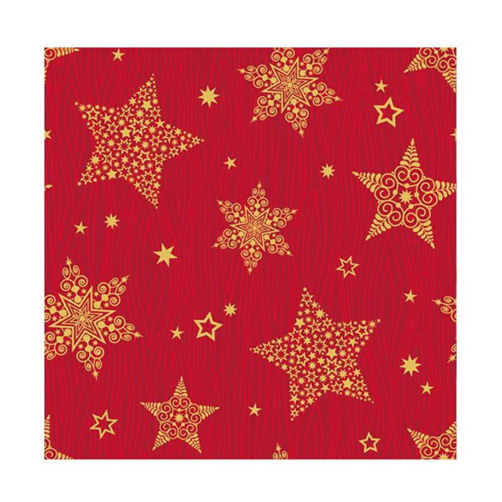Os guardanapos PAPSTAR "Christmas Shine" da PAPSTAR GmbH têm um fundo vermelho brilhante, decorado com estrelas douradas de vários tamanhos. Algumas das estrelas de Natal apresentam padrões intrincados, enquanto outras são de cor sólida, criando uma mistura dinâmica de estrelas grandes e pequenas espalhadas por todo o design do guardanapo. Cada embalagem contém 50 guardanapos de três camadas, dobrados em quartos com dimensões de 25 x 25 cm.