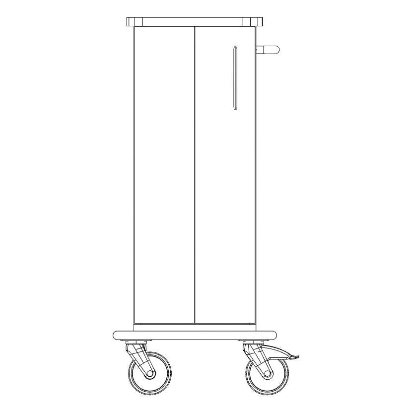 Vista frontal do chassis do carro de cuidados e trabalho Novocal com duas grandes rodas, uma carcaça retangular, uma alça lateral vertical e uma placa de plástico maciço contínua. Marca: Novocal.
