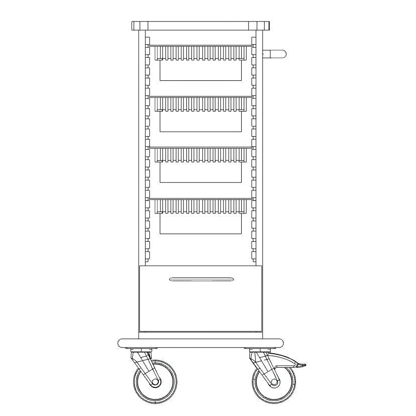 Desenho a traço preto e branco do chassis do carrinho de cuidados e trabalho Novocal com quatro suportes de bagagem, pega, duas grandes rodas de apoio, placa de plástico completo e um cabo de alimentação no lado inferior direito. Marca: Novocal. Embalagem: 1 peça.