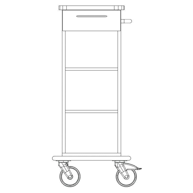 Desenho de linha do chassis do carrinho de cuidados e trabalho Novocal da Novocal, com duas rodas grandes, uma alça, uma gaveta superior e dois compartimentos inferiores, feito de plástico maciço e na vista lateral.