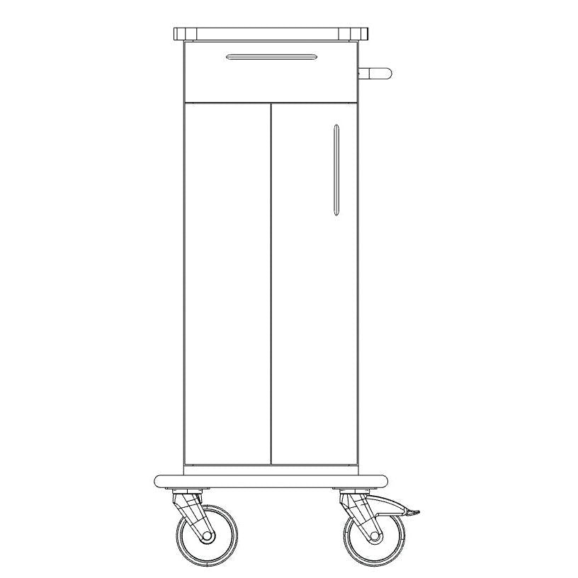 Desenho a traço preto e branco de um chassis de carrinho de cuidados e trabalho Novocal (1 peça, placa de plástico completo), com duas rodas grandes, portas dianteiras, pega no lado direito e topo plano. Marca: Novocal.
