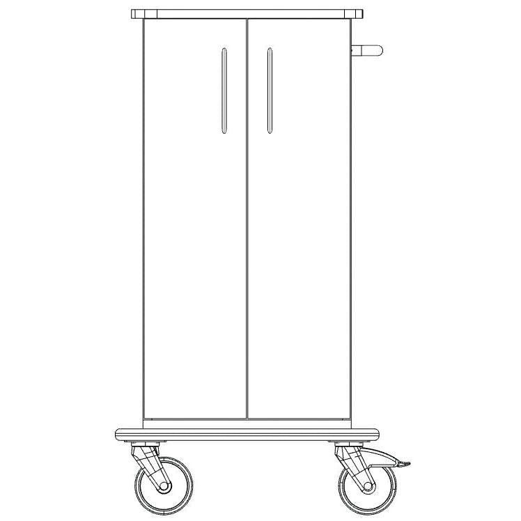 Desenho a preto e branco de um chassis de carrinho de cuidados e trabalho Novocal, embalagem (1 peça), com duas portas, puxadores, parte superior e inferior planas e grandes rodas detalhadas de plataforma de plástico maciço.