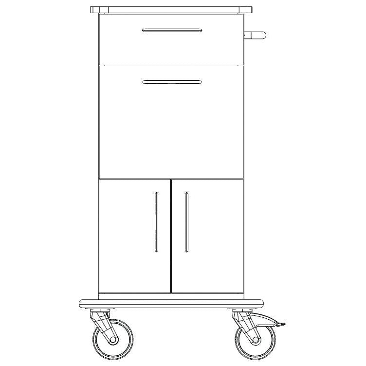 Vista frontal do carrinho de cuidados e trabalho Novocal: com chassis de plástico completo, gaveta superior, armário inferior com duas portas, pega no lado direito e duas rodas grandes. Marca: Novocal.