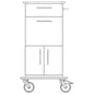 Vista frontal do carrinho de cuidados e trabalho Novocal: com chassis de plástico completo, gaveta superior, armário inferior com duas portas, pega no lado direito e duas rodas grandes. Marca: Novocal.