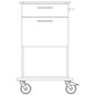 Desenho de linha de um chassis de carrinho de cuidados e trabalho Novocal da Novocal, com duas pegas, duas gavetas visíveis e quatro rodas giratórias. O chassis em placa de plástico maciço é apresentado de frente com detalhes minimalistas.
