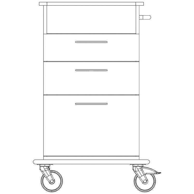 Desenho de linha de um chassis de carrinho de cuidados e trabalho Novocal, composto por uma placa de plástico sólido contínuo, com três gavetas, superfície de prateleira plana, pega direita e duas rodas grandes na base.