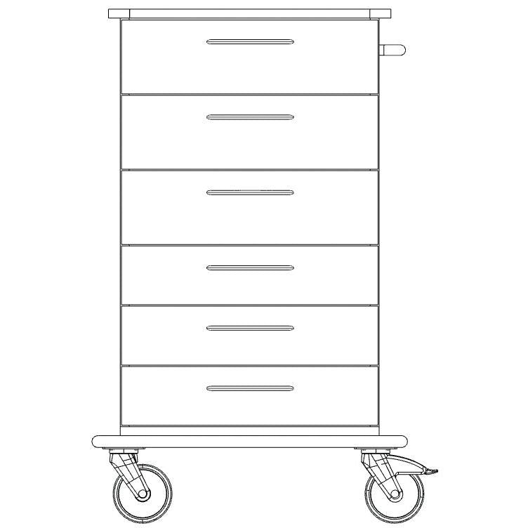Vorderansicht Strichzeichnung des Novocal Pflege- und Arbeitswagen Fahrgestells mit fünf horizontalen Schubladen und zwei großen Rädern am Boden. Marke: Novocal. Packung (1 Stück).