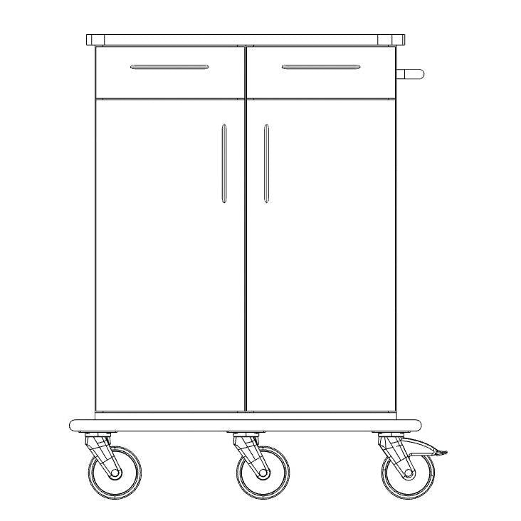 Um desenho em linha do chassi do carrinho de cuidados e trabalho Novocal da Novocal mostra um carrinho com duas portas grandes, duas gavetas, uma alça no lado direito e quatro rodas giratórias - ideal para armazenamento ou transporte.
